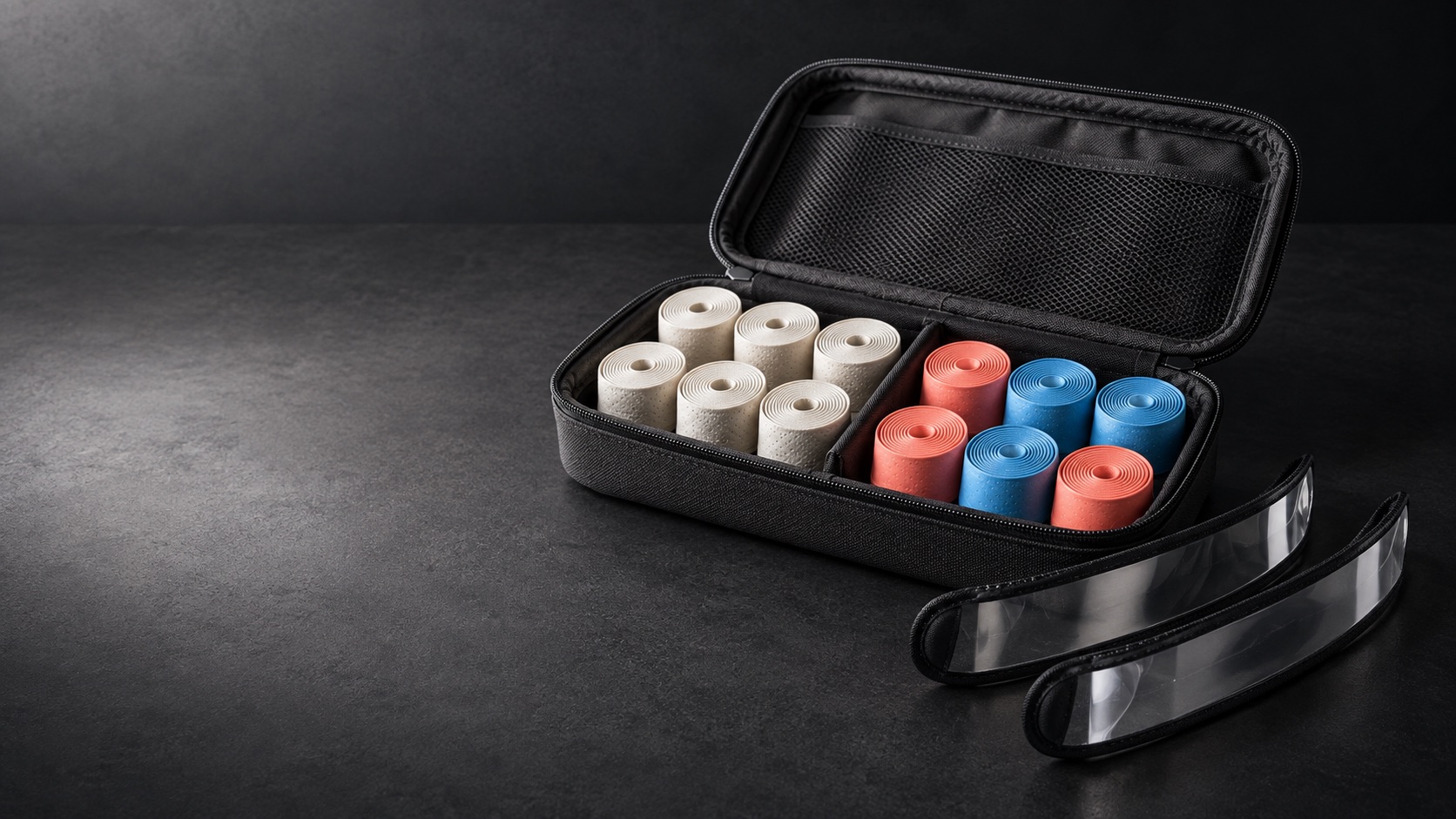 Recreación visual del pack RALLY 12 con overgrips de dos tactos, protectores y pouch